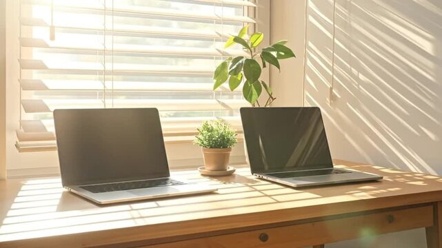 Two portable computers on a wooden desk near a window with sunlight