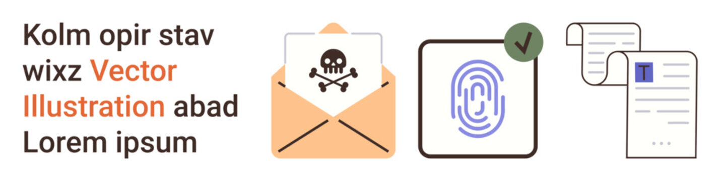 Cybersecurity, data protection, phishing awareness, authentication, online safety, information security. An email with a phishing warning, a fingerprint scan with a green checkmark, and secured