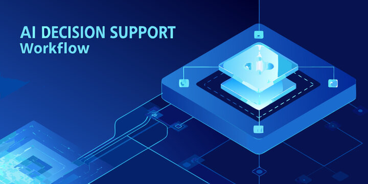 Isometric flowchart depicting ai decision support workflow with blue glowing connections