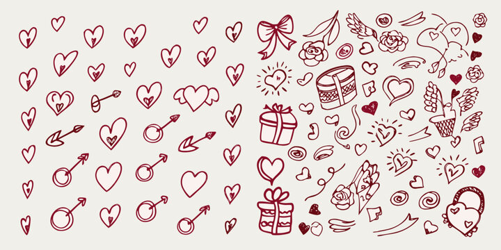 hand drawn romantic doodles with hearts gifts and floral elements on a white background