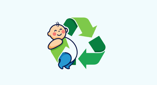 Cute cartoon character with green arrow symbols on dotted background
