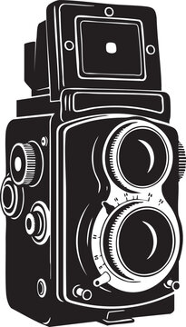 Detailed vintage twin lens reflex camera vector illustration in black and white retro photography equipment with photography, equipment