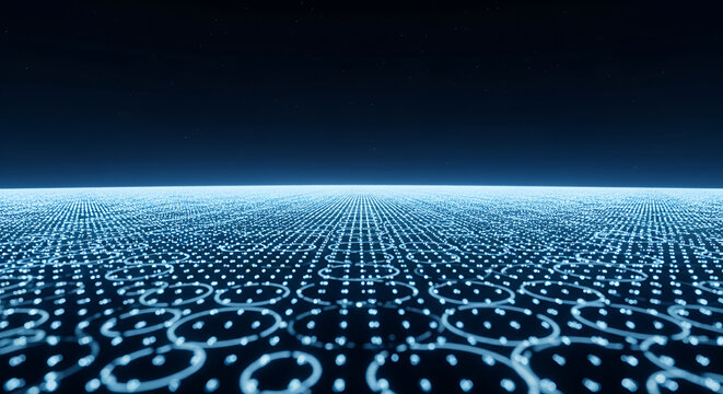 Abstract Digital Grid Pattern with Glowing Blue Lights.