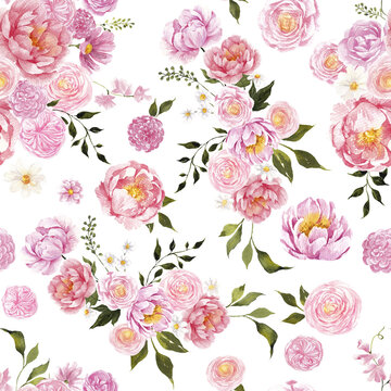 Seamless pattern with watercolor hand draw silky flowers, pastel rose and hydrangea, isolated on white background