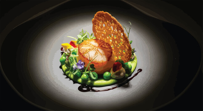 Gourmet seared scallop appetizer, elegant fine dining seafood dish with green pea puree, crispy tuile garnish on dark plate for restaurant menu