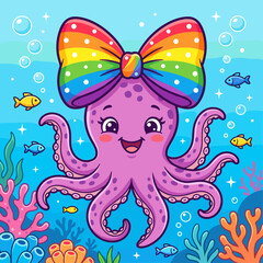 Fototapeta premium Cute cartoon octopus with rainbow bow underwater