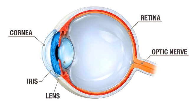 3D human eye anatomy illustration isolated on white background with labeled ophthalmology structures for medical education.

