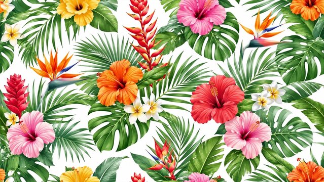 熱帯植物の葉と花のトロピカルパターン背景素材
