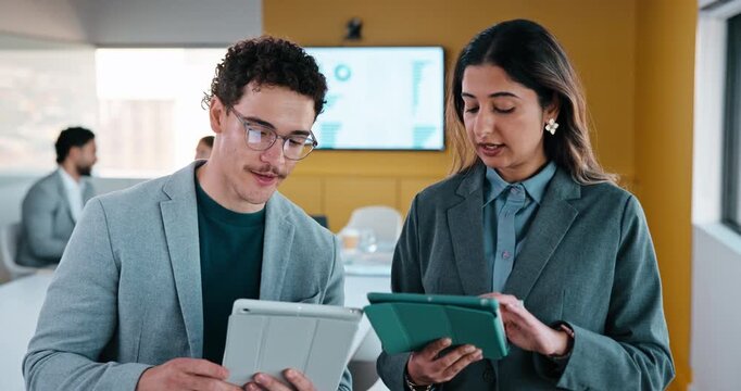 Tablet, team and business people with data comparison, growth or online metrics for strategy. Analyst, discussion or planning for digital collaboration, advice or performance report in office meeting