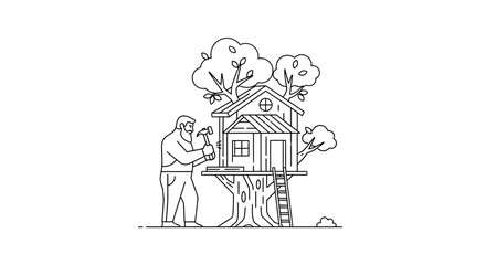 Obraz premium Man building a treehouse, DIY project, outdoor leisure, carpentry hobby, family fun