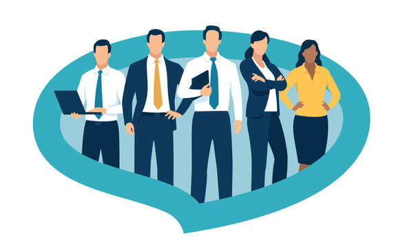 Marketing team of five people standing in the shape of a speech bubble. Business concept vector illustration.
