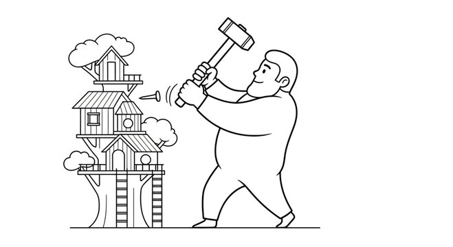 Man building a treehouse with a hammer, DIY construction, childhood dream, outdoor leisure