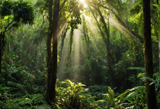 Beautiful sunbeams and morning mist shining through tropical rainforest trees