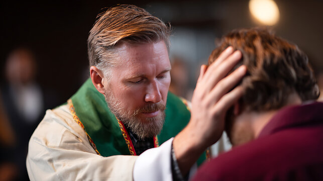 Solemn moment of blessing and spiritual guidance, with a clergyman in a stole placing a hand on another's head during a sacred ceremony