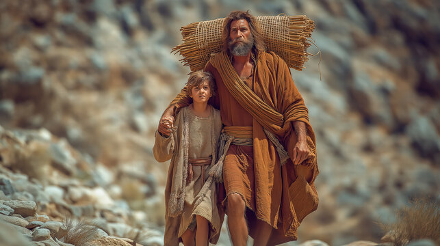 Abraham leading Isaac to be sacrificed, biblical scene of faith, obedience, and testing, tense and emotional atmosphere