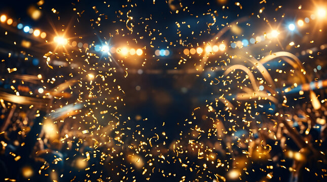 Golden confetti and streamers shower down in a stadium with bright lights, creating a festive atmosphere for a celebration or championship event