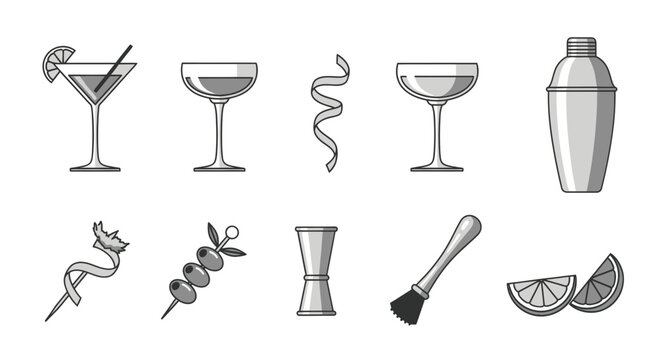 Cocktail Bar Tools and Drinkware Icons: Martini, Coupe Glass, Shaker, Jigger, Garnish