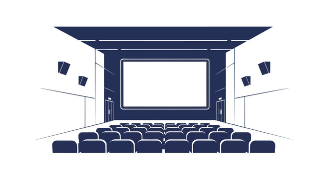 Empty Cinema Hall with Screen and Seats, Perspective View
