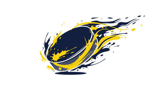 Dynamic Hockey Puck Motion Trail, Ice Sport Action, Blue and Yellow Splash
