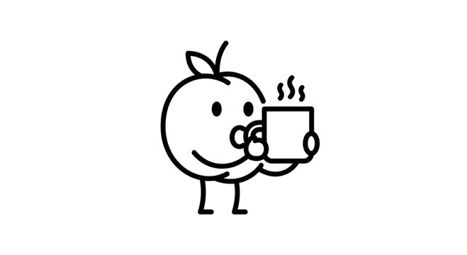 Cute orange character drinking hot beverage from mug, simple line art, white background