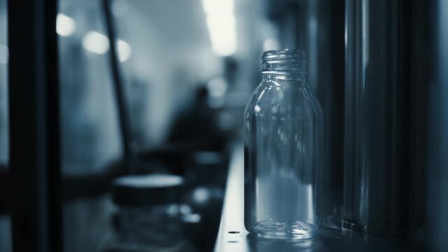 Clear glass bottle resting on a sterile manufacturing conveyer belt, representing pharmaceutical production, healthcare, and medical industry supply chains in a sterile environment