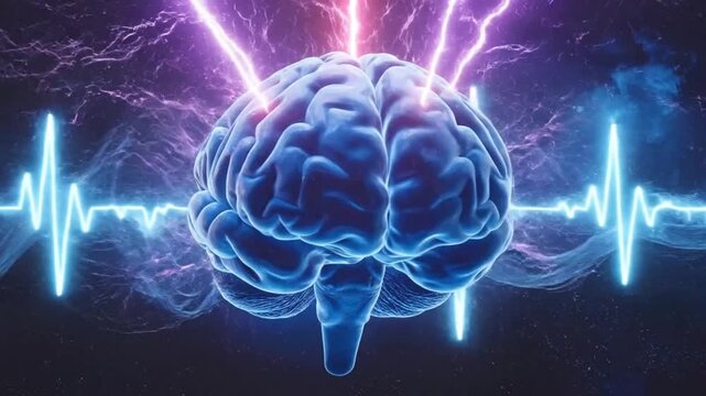 An abstract illustration of a human brain with electric energy and waves