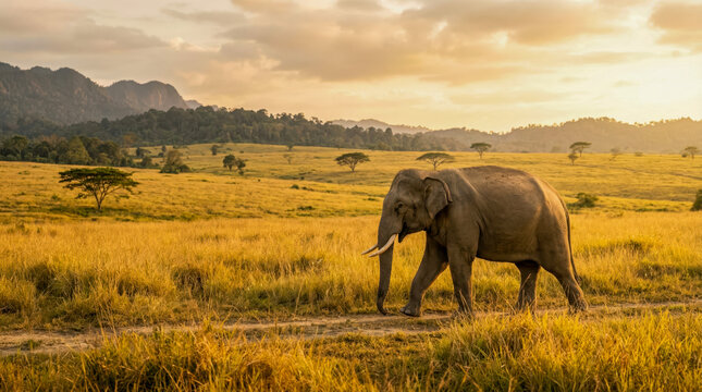 Wild Sumatran Elephant walking across golden grassy savanna at sunset