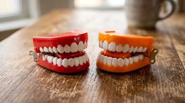 Two wind-up chattering teeth toys, red and orange, on a wooden table, close-up