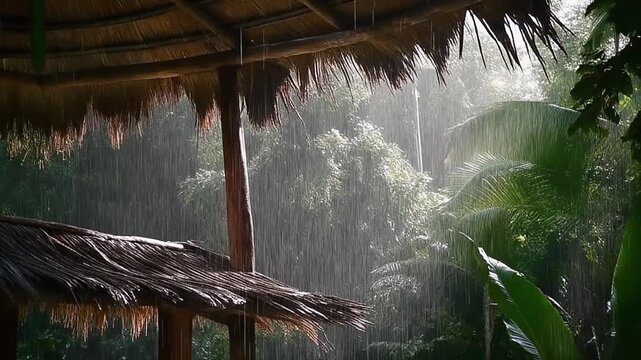 Heavy Tropical Rain Falling in a Lush Green Jungle Seen From a Thatched Roof Gazebo