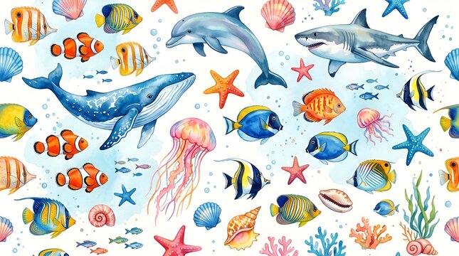 Watercolor Marine Life Seamless Pattern: Whales, Dolphins, Sharks, Fish, Jellyfish, Stars