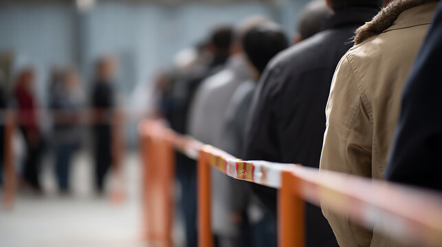 People Wait in a Line, Queue Up for Event or Service, Patiently Stand Outdoors, Social Gathering for Public Access with Blurred Background