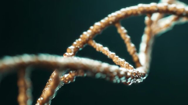 Golden double helix structure representing molecular genetic code and scientific research in biology, biotechnology, and medicine against a dark background