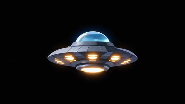 3D Render of a Classic Flying Saucer UFO with Glowing Yellow Lights Isolated on Black Background