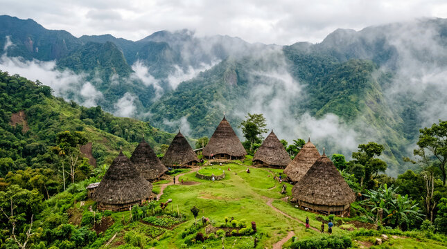 Traditional cone shaped wooden houses in remote mountain valley village