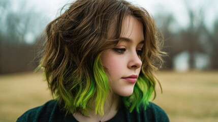 Naklejka premium Caucasian teenage girl with short brown hair and neon green dyed ends looks down thoughtfully while posing outdoors in a field on a cloudy day.