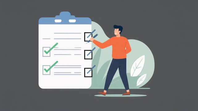 Animated character marking completed tasks on a giant clipboard checklist vector illustration