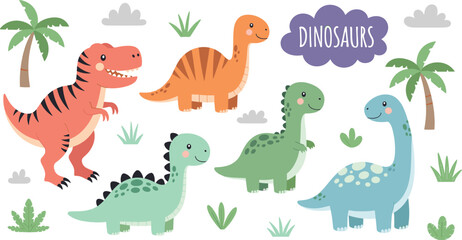 Cute Cartoon Dinosaurs Vector Clipart Collection with Tyrannosaurus Rex Brachiosaurus and Palm Trees for Nursery Wall Art and Kids Graphic Designs © Ismail