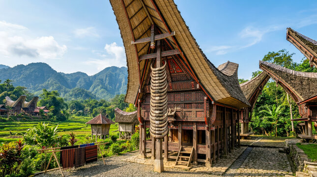 Traditional Tongkonan houses with curved boat shaped roofs and buffalo horns
