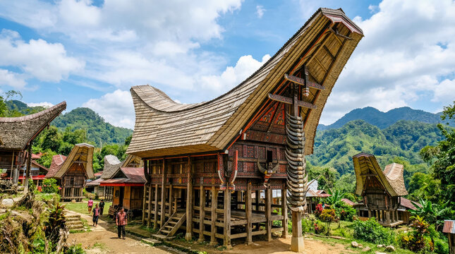 Traditional Tongkonan houses with curved boat shaped roofs and buffalo horns