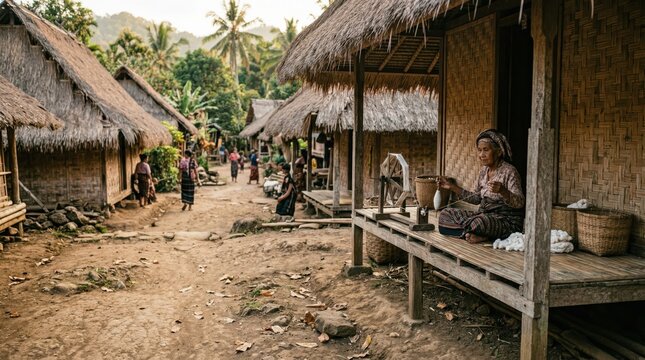 Traditional Sasak village house with woven bamboo walls and grass roof