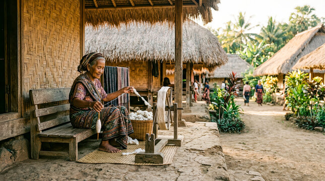 Traditional Sasak village house with woven bamboo walls and grass roof