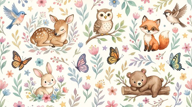 Whimsical Watercolor Forest Animals Seamless Pattern