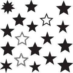 Obraz premium Randomly scattered vector star shapes in diverse styles solid black outline starburst designs with five pointed web design scattered