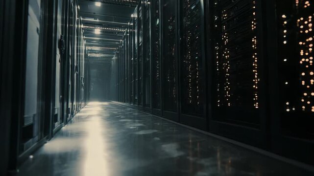 Server racks lining a long data center aisle, highlighting the intricate technology infrastructure and digital storage enabling cloud computing and robust hosting services