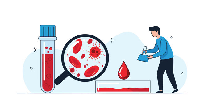 Laboratory scientist using a microscope to analyze blood samples for viruses and medical research in a clean clinical environment.