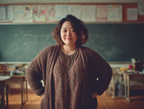 A plus-size Asian female teacher in her 30s with fair skin stands confidently in a school classroom wearing a brown cardigan.