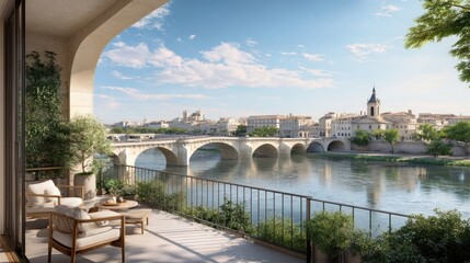 Fototapeta premium Luxury balcony featuring modern armchairs overlooks a scenic stone bridge and historic European architecture under a bright sunny sky with light clouds.