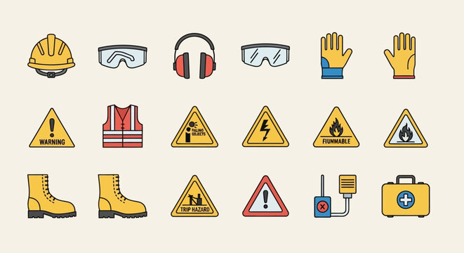 Industrial Safety Equipment and Warning Signs Icon Collection
