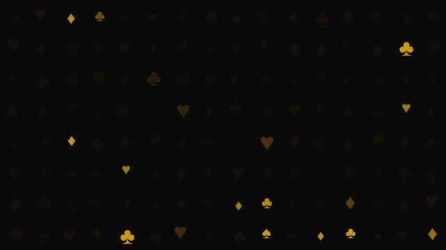 Golden luxury playing casino card suits randomly appearing on black alpha channel background	