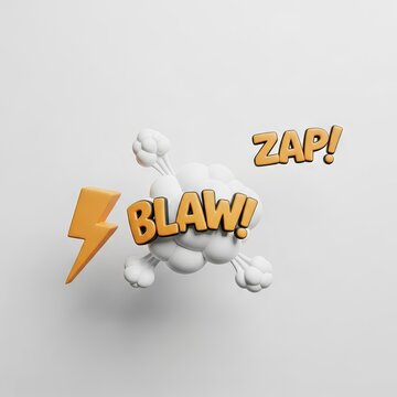 Abstract 3D Rendered White Cloud with Lightning Bolt and Comic Sound Effects.